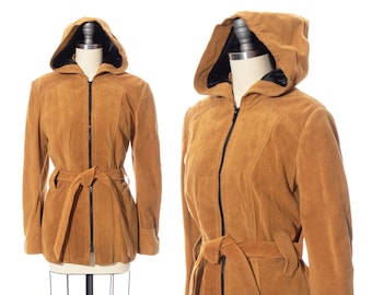 Vintage 1970s Jacket | 70s Brown Suede Hooded Belted Boho Hippie Coat (x-small/small)