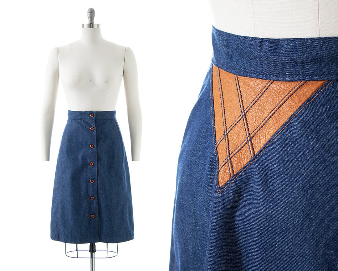 Vintage 1970s Denim Skirt 70s MS. PIONEER Leather & Dark Etsy