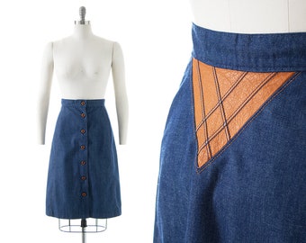 Vintage 1970s Denim Skirt | 70s MS. PIONEER Leather & Dark Blue Jean A-Line Western Boho Button Up Skirt (small)