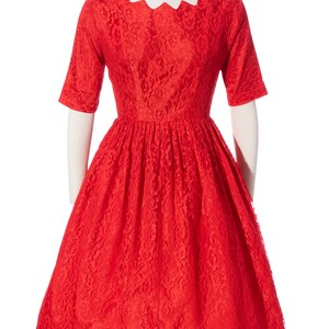 Vintage 1950s Party Dress 50s Red Lace Zig Zag Neckline Fit and Flare Full Skirt Formal Evening Holiday Dress medium image 2