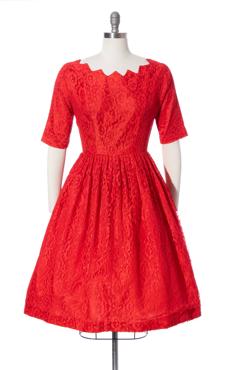 Vintage 1950s Party Dress 50s Red Lace Zig Zag Neckline Fit and Flare Full Skirt Formal Evening Holiday Dress medium image 2