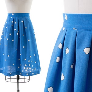 Vintage 1980s Skirt | 80s Heart Printed Novelty Print Blue Cotton Pleated Full A-Line Skirt (medium)