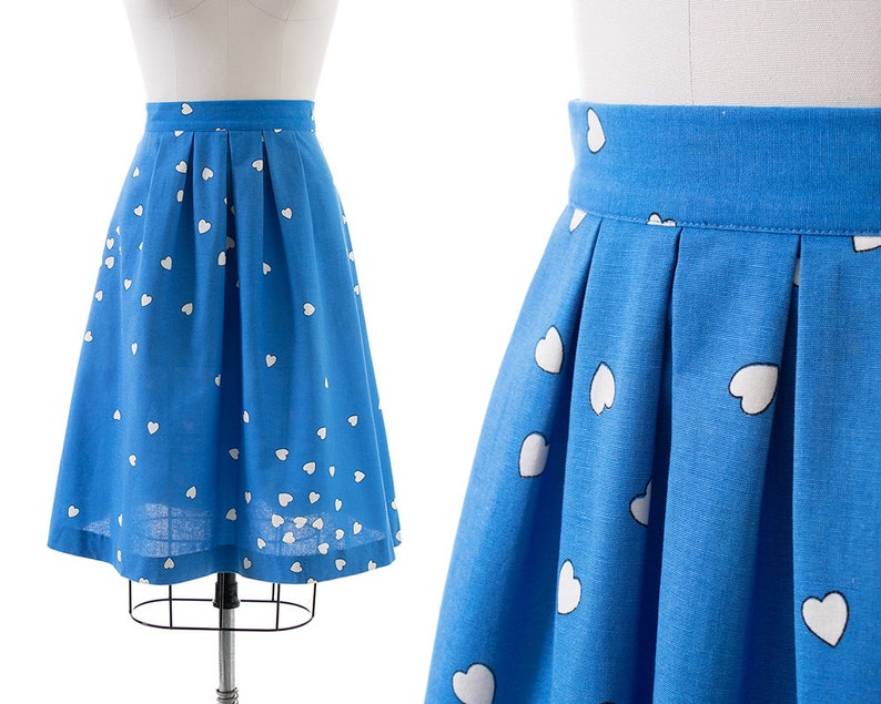 Vintage 1980s Skirt 80s Heart Printed Novelty Print Blue Cotton Pleated Full A-Line Skirt medium image 1