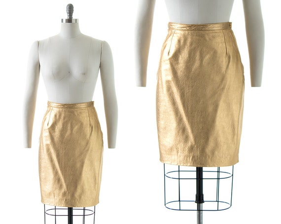 Vintage 1980s Skirt | 80s Metallic Gold Leather Bu