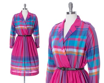 Vintage 1980s Dress | 80s Plaid Tartan Cotton Hot Pink Fit and Flare Long Sleeve Bright Colorful Day Dress (small/medium)