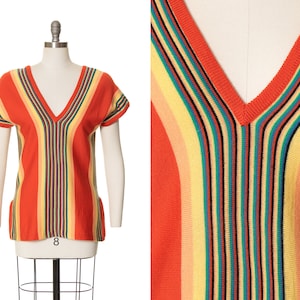 Vintage 1970s Sweater | 70s Rainbow Striped Knit Acrylic Pullover Retro Sweater Top (small/medium)
