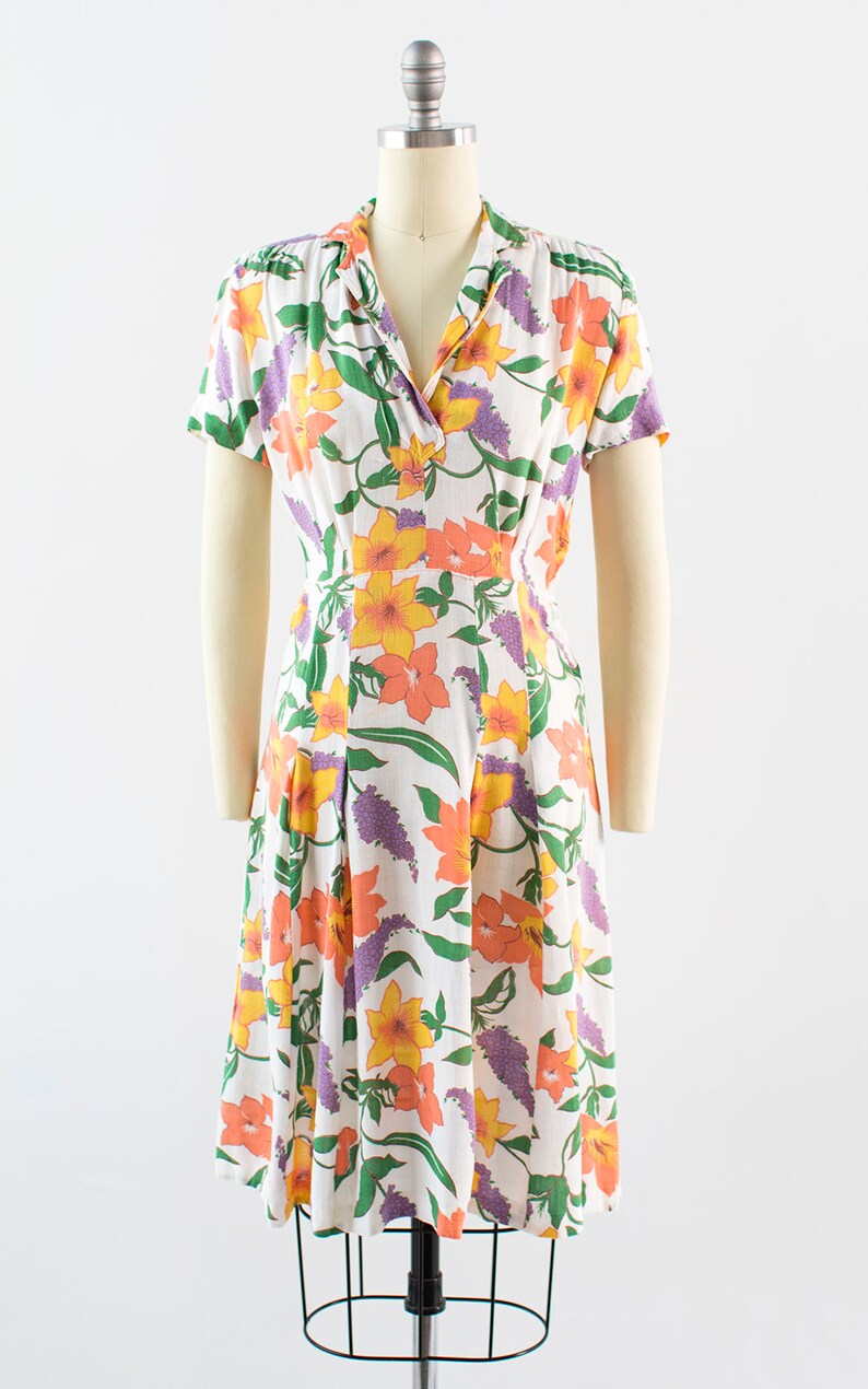 Vintage 1930s Dress 30s Floral Print Cotton Linen Day Dress Etsy