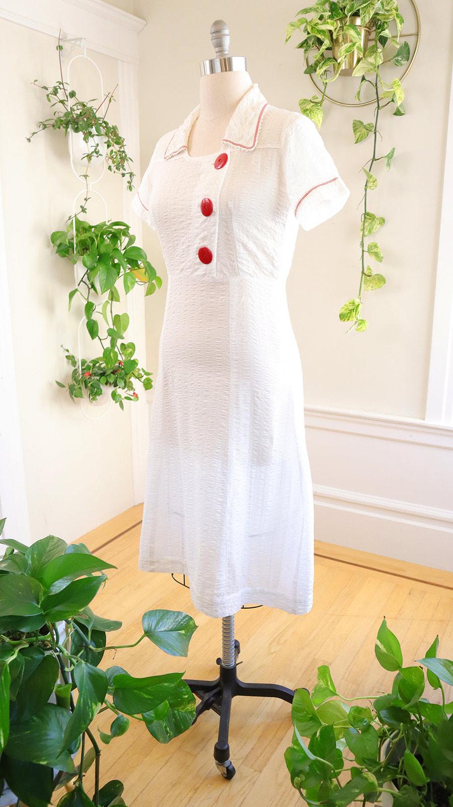 1930s shirt dress Vintage 1930s Day Dress | 30s White Cotton Big Red Buttons Shirtwaist Shirt  Dress | Medium/large