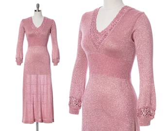 Vintage 1970s Sweater Dress | 70s Wenjilli Style Knit Metallic Pink Crochet Lurex Maxi Long Sleeve Boho Party Dress (x-small/small)