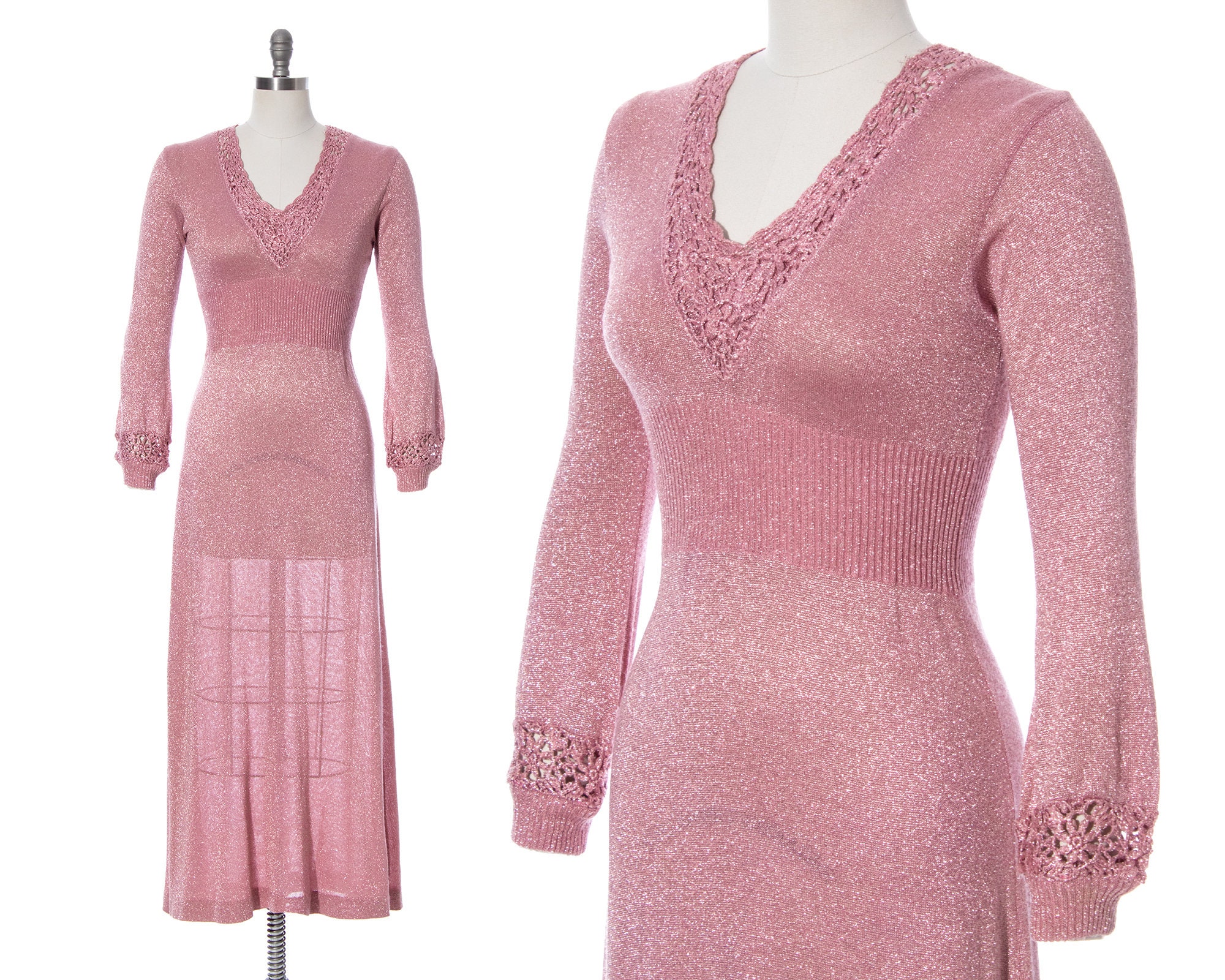 Vintage 1970s Sweater Dress | 70s Wenjilli Style Knit Metallic Pink Crochet  Lurex Maxi Long Sleeve Boho Party Dress (x-small/small) - Etsy