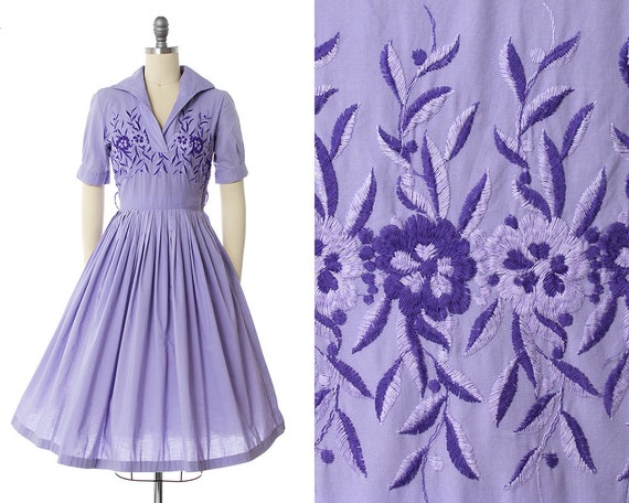 Vintage 1950s Dress | 50s Floral Embroidered Laven