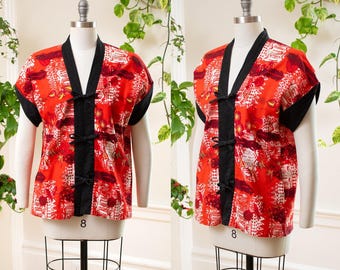 Vintage 1950s KAMEHAMEHA Tea Timer | 50s Hawaiian Aloha Red Floral Top Cotton Asian Bluzka | M/L