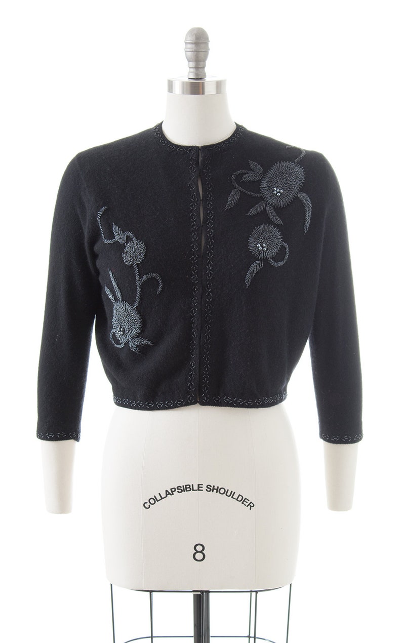 mediumlarge Vintage 1950s Cardigan 50s Floral Beaded Knit Black Wool Cropped Sweater