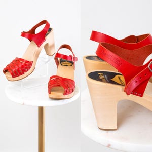 Modern SWEEDISH HASBEENS Clogs | 1970s Style Red Leather Wood High Heel Platforms Open Toe Sandals | size US 8.5
