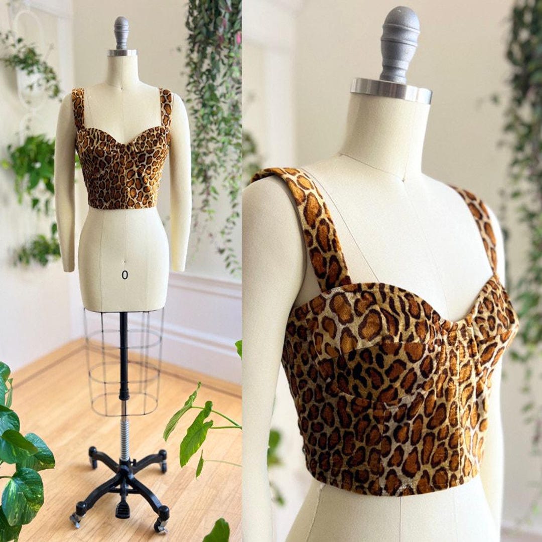 Vintage 1990s Bustier | 90s Leopard Print Velvet Faux Fur Cropped Bra ...