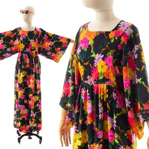 Vintage 1970s Maxi Dress 70s Floral Printed Kimono Sleeve Black Floral Full Length Witchy Boho Dress small/medium image 1