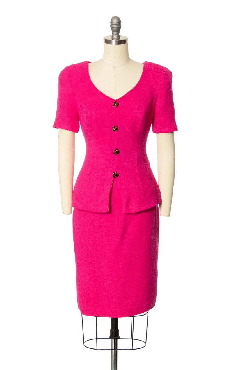 Vintage 1980s Skirt Set 80s Hot Pink Matching Two Piece Blouse Top Pencil Skirt Secretary Suit small/medium imagem 4