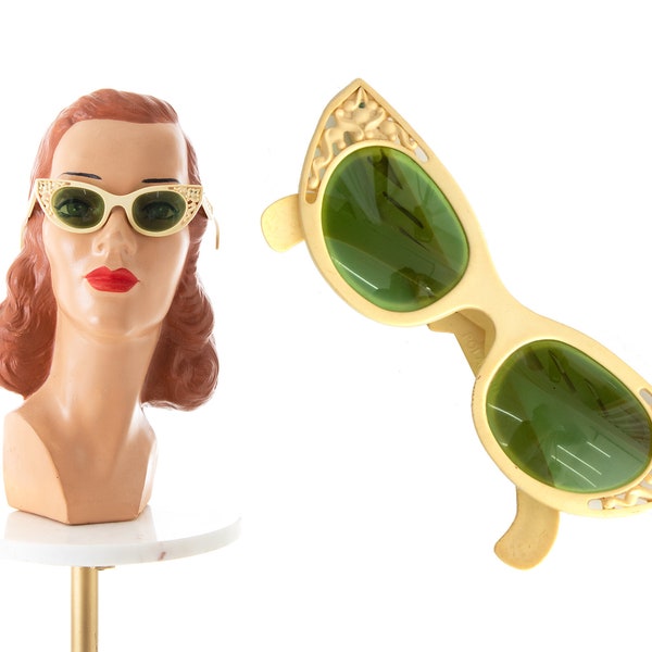 Vintage 1950s Cateye Sunglasses | 50s COOL-RAY POLAROID Carved Cream Plastic Cat Eye Frames Glasses with Green Tinted Lenses