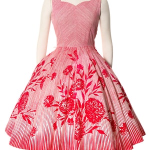 Vintage 1950s 50s Floral Striped Printed Cotton Red Fit and Flare Circle Skirt Sundress Day Dress Rockabilly