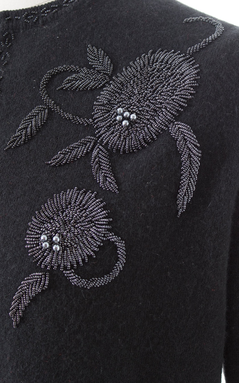 mediumlarge Vintage 1950s Cardigan 50s Floral Beaded Knit Black Wool Cropped Sweater