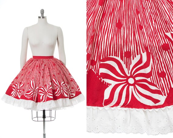 Skirt Set Vintage Red Cotton Ruffle Blouse