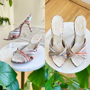 Vintage 1950s Spring-o-Lators | 50s Colorful Striped Open Toe Stiletto High Heel Mules (size US 5.5)