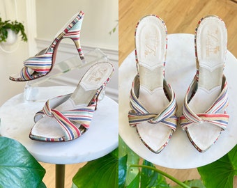 Vintage 1950s Spring-o-Lators | 50s Colorful Striped Open Toe Stiletto High Heel Mules (size US 5.5)