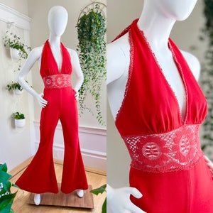 Vintage 1970s Jumpsuit | 70s FREDERICKS OF HOLLYWOOD Red Polyester Crochet Lace Halter Bell Bottom Open Back Sexy Pin Up Jumpsuit (small)