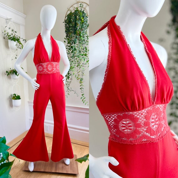 Vintage 1970s Jumpsuit | 70s FREDERICKS OF HOLLYWOOD Red Polyester