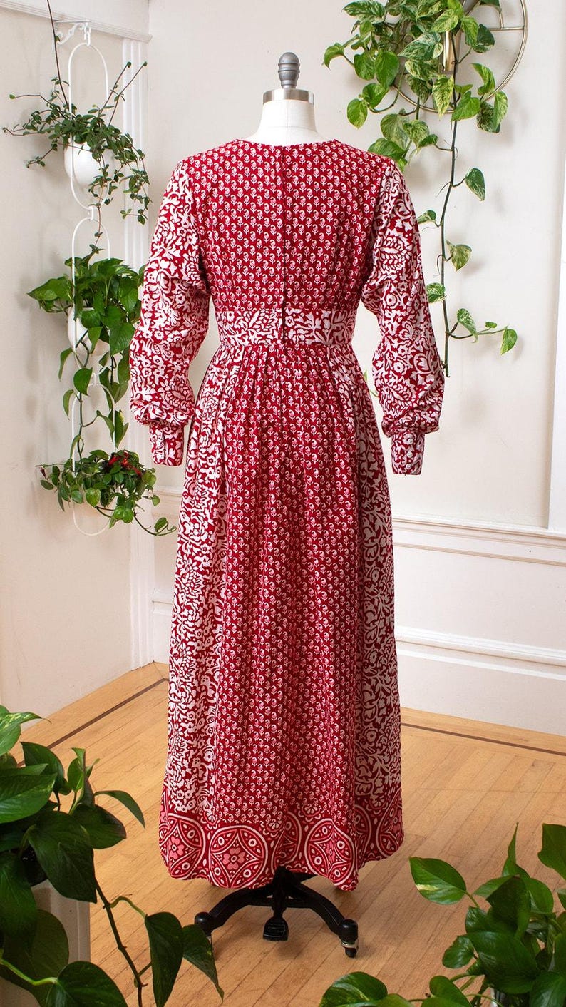 Vintage 1970s Maxi Dress | 70s ADINI Floral Indian Cotton Red Boho Printed Long Sleeve Maxi Dress | medium image 4