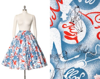 Vintage 1970s Circle Skirt | 70s does 1950s Jazz Novelty Print Cotton Blue Musicians Music Swing Skirt (small/medium)