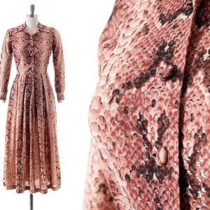 Vintage 1970s Maxi Dress | 70s Snakeskin Snake Print Metallic Silver Dusty Rose Shirtwaist Full Skirt Fit and Flare Boho Dress (medium)