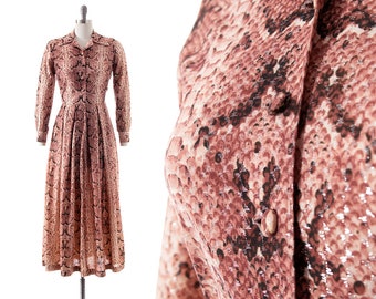 Vintage 1970s Maxi Dress | 70s Snakeskin Snake Print Metallic Silver Dusty Rose Shirtwaist Full Skirt Fit and Flare Boho Dress (medium)