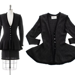 Vintage 1980s Skirt Suit 80s Jet Black Chenille Knit Peplum Jacket Pencil Skirt Two Piece Matching Set small/medium image 1