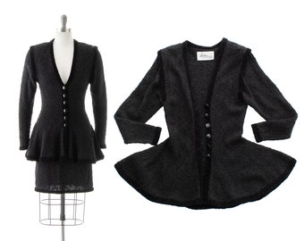 Vintage 1980s Skirt Suit | 80s Jet Black Chenille Knit Peplum Jacket Pencil Skirt Two Piece Matching Set (small/medium)