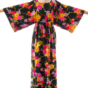 Vintage 1970s Maxi Dress 70s Floral Printed Kimono Sleeve Black Floral Full Length Witchy Boho Dress small/medium image 2