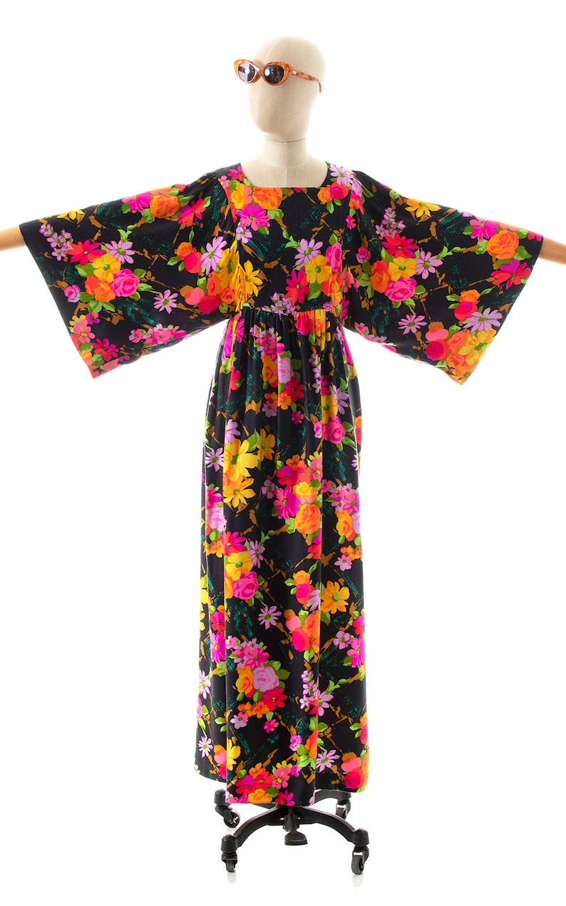 Vintage 1970s Maxi Dress 70s Floral Printed Kimono Sleeve Black Floral Full Length Witchy Boho Dress small/medium image 2