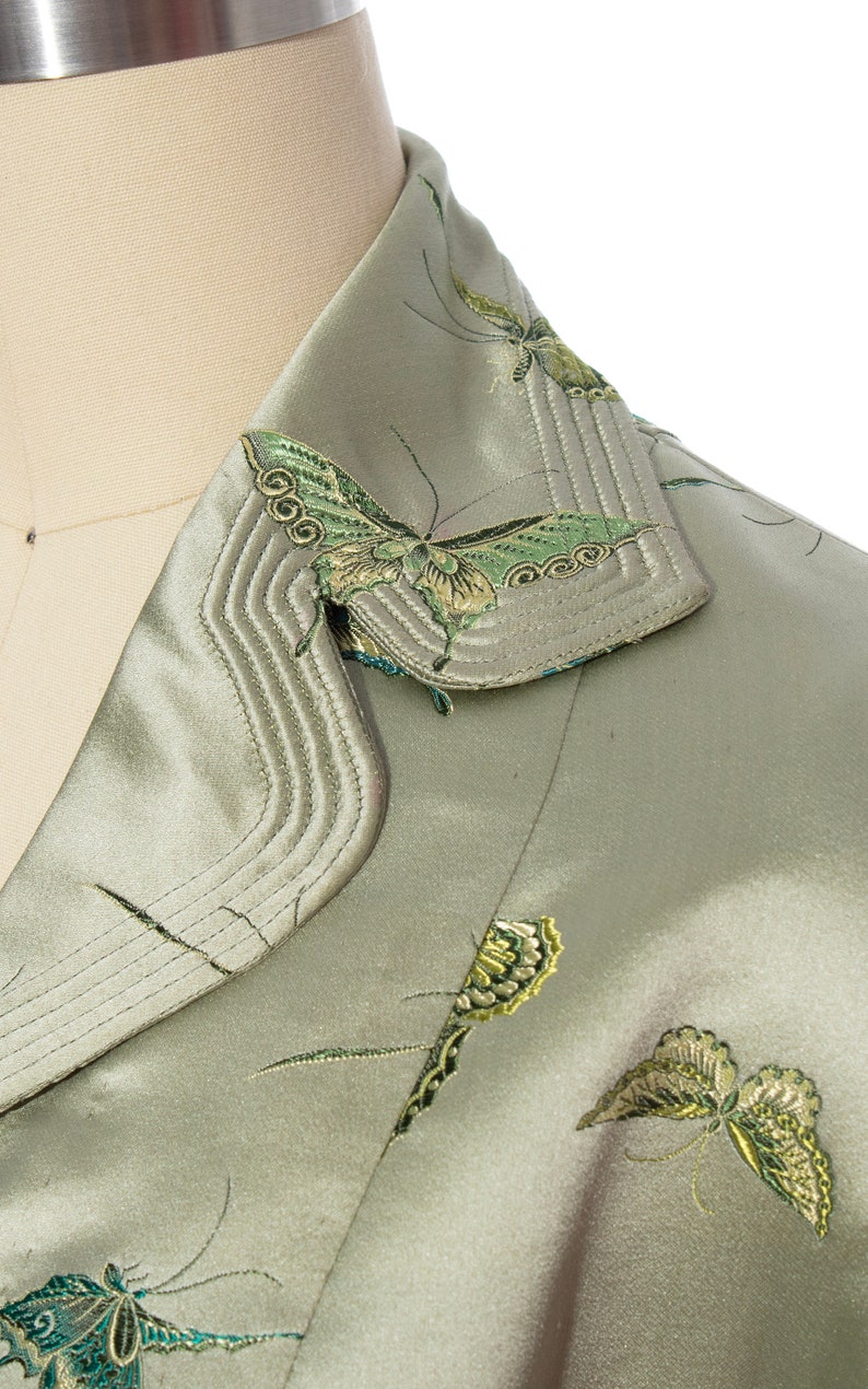 Vintage 1950s Jacket 50s Silk Satin Jacquard Butterfly Bug Novelty Print Tailored Sage Green Holiday Party Blazer x-small/small image 7