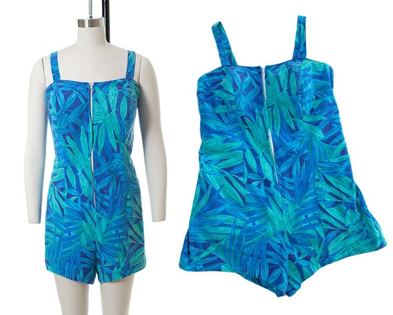 Vintage 1960s Style Romper | 80s Tropical Leaf Pri