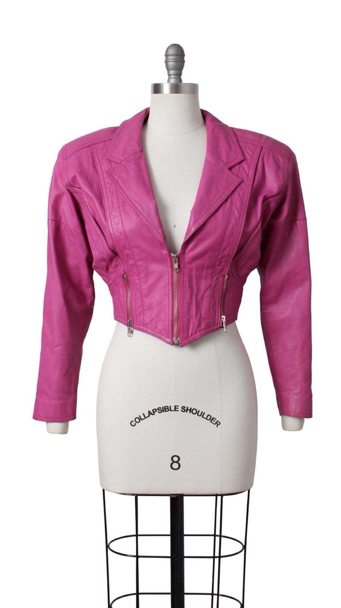 Vintage 1990s Jacket | 90s Hot Pink Genuine Leather Cropped Zippers Jacket | small, Foto 2 von 5