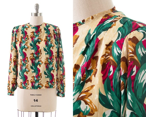 Vintage 1980s Blouse | 1940s Style Floral Striped… - image 1