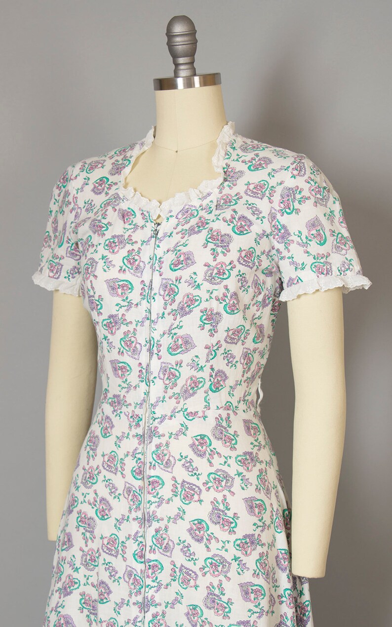 Vintage 1940s Dress 40s Hearts Floral Novelty Print Cotton | Etsy
