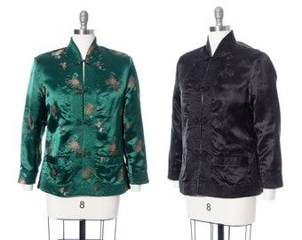 Vintage 1960s Jacket | 60s REVERSIBLE Asian Satin Jacquard Floral Chrysanthemum Forest Green Black Frog Closure Coat (small/medium)