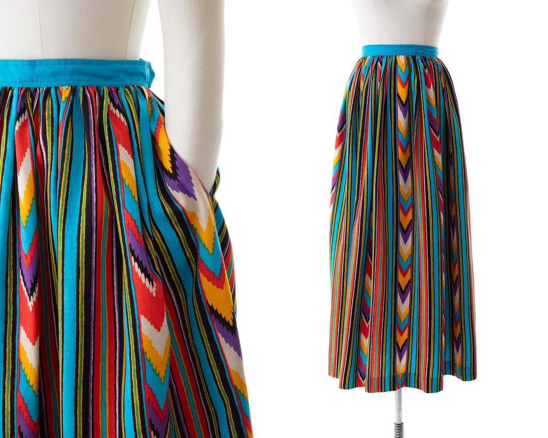 Vintage 1970s Maxi Skirt | 70s Ikat Striped Rayon Faille Colorful High ...