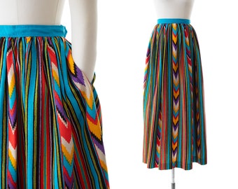 Vintage 1970s Maxi Skirt | 70s Ikat Striped Rayon Faille Colorful High Waisted Full Skirt with Pockets (small)