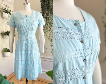 Vintage 1950s Shirtwaist Dress | 50s Blue Eyelet Lace Cotton Fit and Flare Rhinestone Button Up Summer Day Dress (medium)