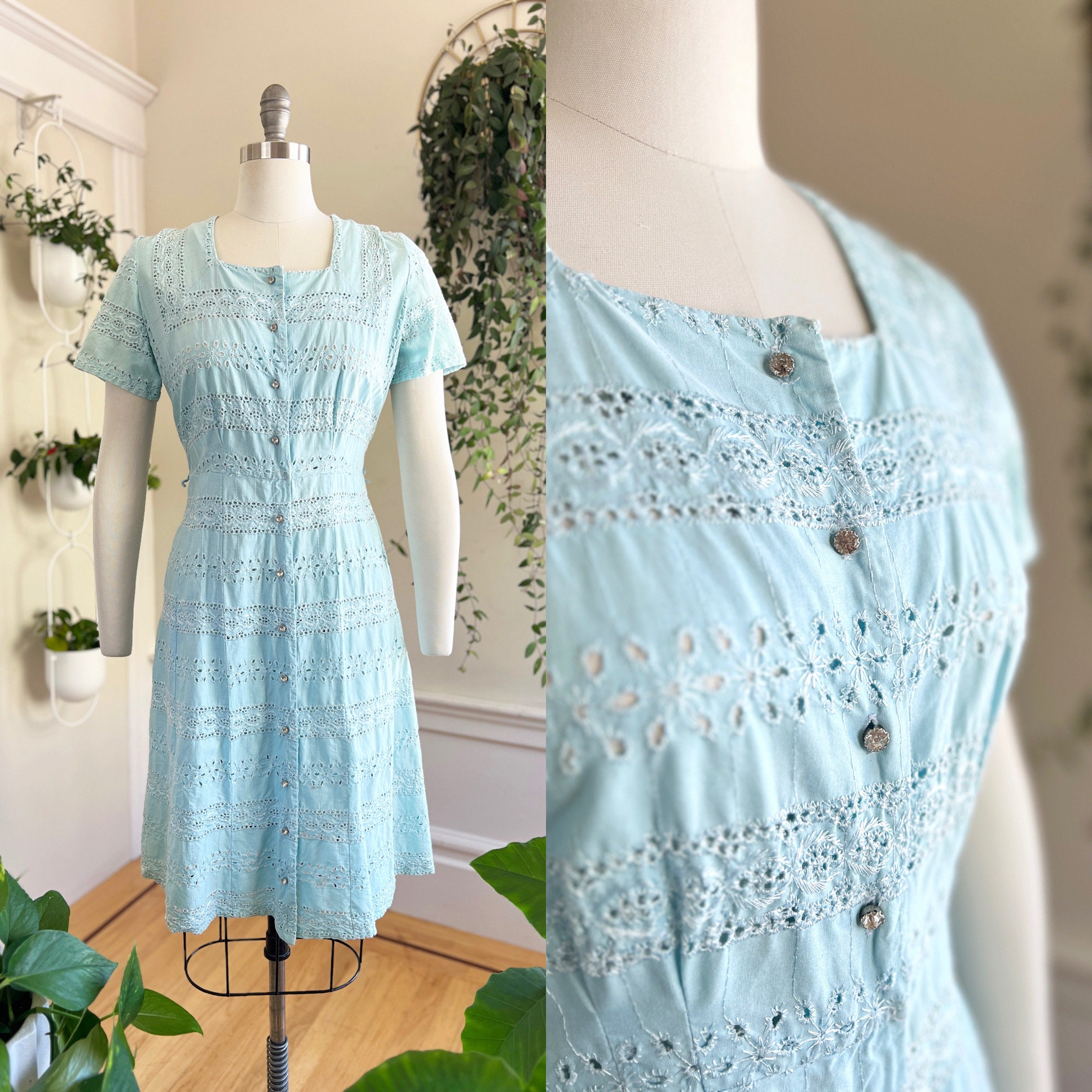 Vintage 1950s Shirtwaist Dress | 50s Blue Eyelet Lace Cotton