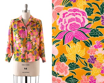 Blusa vintage de los años 60 y 70 / Camisa abotonada de manga larga con cuello y estampado floral amarillo de los años 60 y 70 (grande)