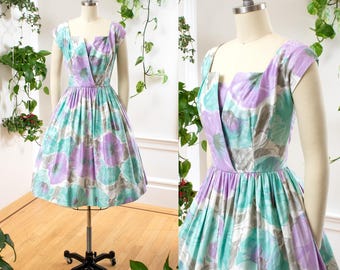 Vintage zomerjurk uit de jaren 50 | Jaren 50 pastel bloemen katoenen fit flare paars blauwe midi rok met volledige rok | x-small