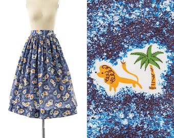 Vintage 1950s Skirt | 50s Novelty Print Cotton Lion Leo Palm Trees Printed Blue High Waisted Full Swing Skirt (small)